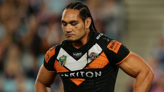 Tigers Martin Taupau is sent to the sin bin during the Wests Tigers v Sydney Roosters rugby league game at ANZ Stadium, Sydney. Pic Brett Costello