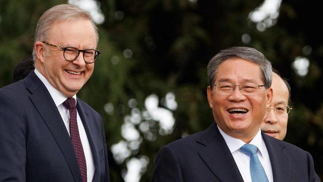 Chinese Premier Li Qiang was all smiles on the last day of his visit, with Anthony Albanese in Perth. Picture: AFP