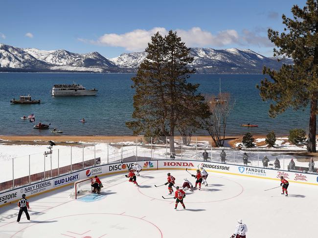 STATELINE, NEVADA - FEBRUARY 20: General view of action between the Vegas Golden Knights and the Colorado Avalanche during the 'NHL Outdoors At Lake Tahoe' at the Edgewood Tahoe Resort onÂ February 20, 2021 in Stateline, Nevada.   Christian Petersen/Getty Images/AFP == FOR NEWSPAPERS, INTERNET, TELCOS & TELEVISION USE ONLY ==