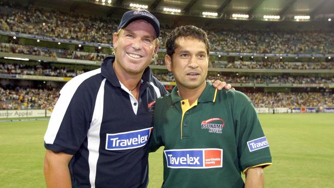 Shane Warne and Sachin Tendulkar during the Tsunami Appeal Cricket match at the MCG.