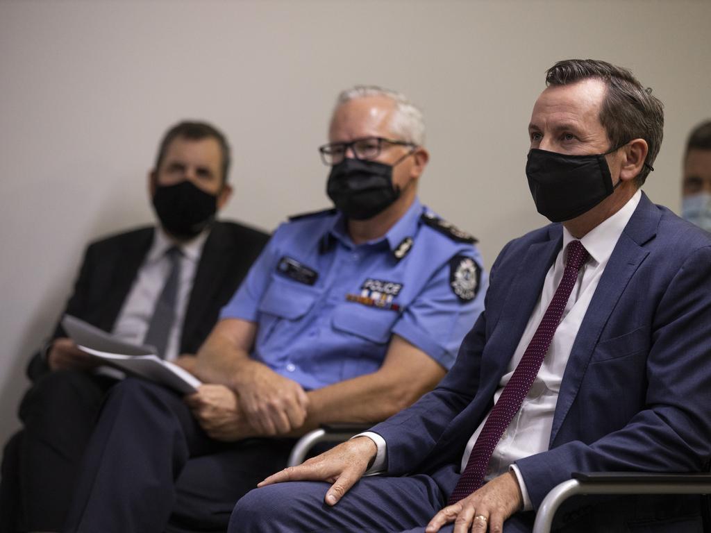 Western Australian Premier Mark McGowan with chief health officer Dr Andrew Robertson and Police Commissioner Chris Dawson. Picture: Matt Jelonek/Getty Images