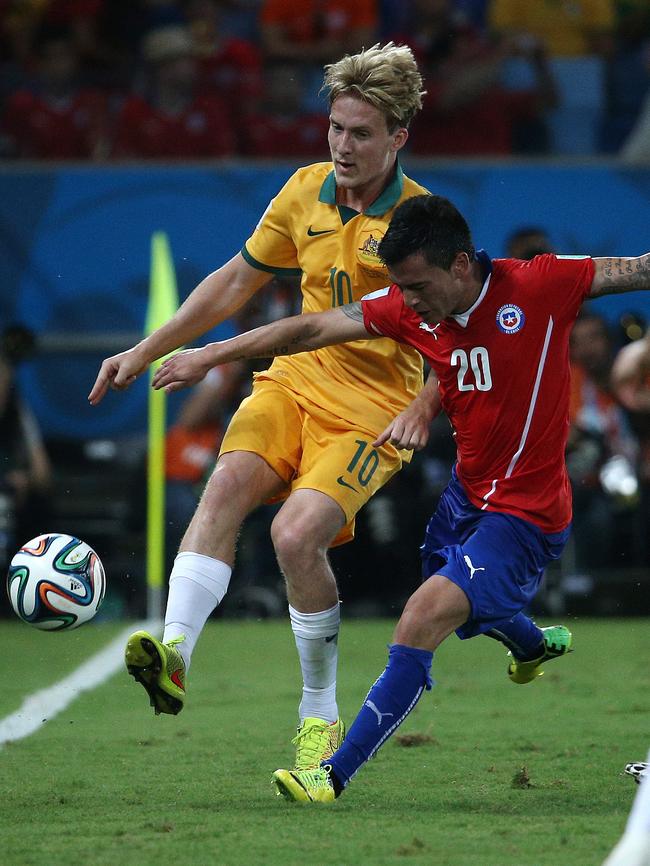 Adelaide United’s Ben Halloran in action for the Socceroos against Chile at the 2014 World Cup in Brazil. Picture: George Salpigtidis