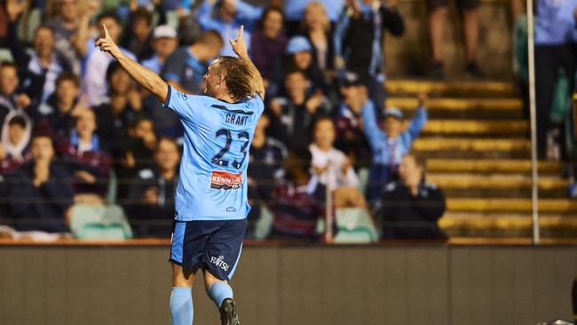 Rhyan Grant celebrates his goal. Picture: Brett Hemmings/Getty