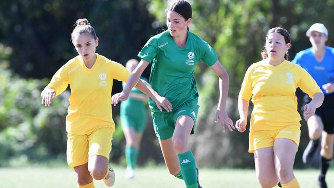 Football Queensland Community Cup carnival, Maroochydore. U13-14 girls, Sunshine Coast V Darling Downs. Picture: Patrick Woods.