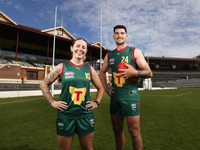 Jessica Wuetschner and Harrison Gunther who will represent Tasmania. Tasmania's Senior Talent Academy men's and women's teams will take on Frankston and North Melbourne at North Hobart Oval. Picture: Nikki Davis-Jones