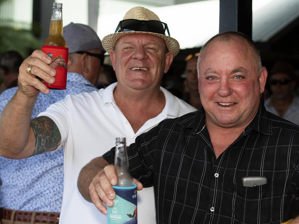 Casey O’Grady and Steve Chaisty enjoy the 2019 Darwin Cup. Picture: KERI MEGELUS