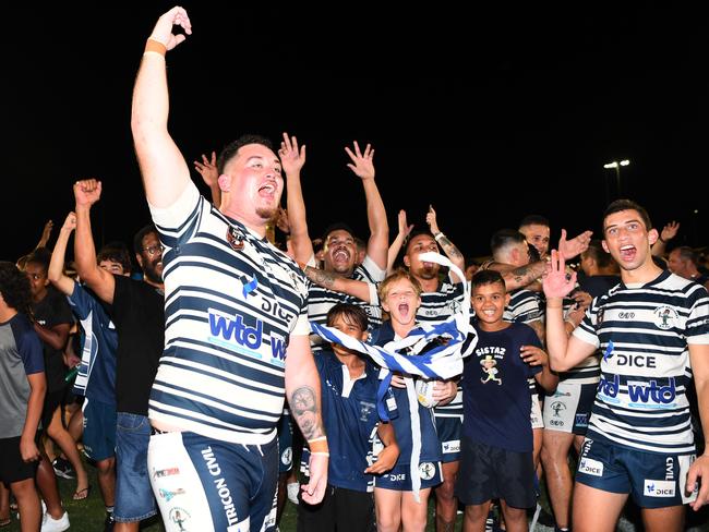 Darwin Brothers celebrate their remarkable 28-26 upset win over two-time reigning champions Litchfield after the 2020 NRL NT Grand Final. Picture: Katrina Bridgeford