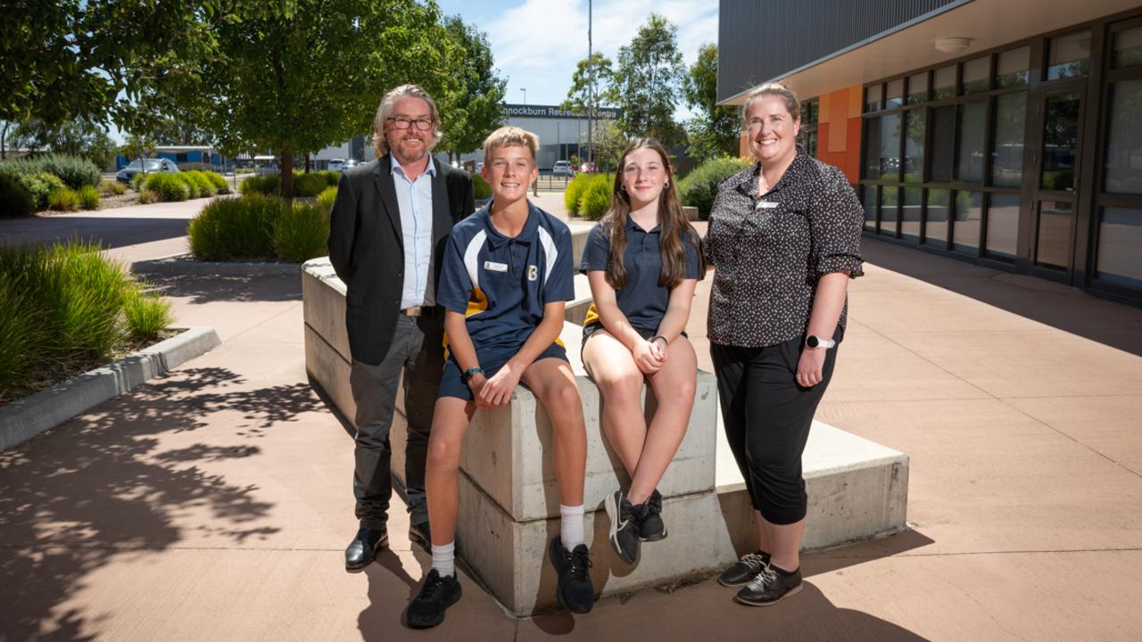 Principal George Porter with students Logan Bond and Isobel Grazules and Welfare teacher Jessica Wills taking part in PROJECT ROCKIT, a national anti-bullying and cyber safety education program at Bannockburn P-12 College. Picture: Brad Fleet