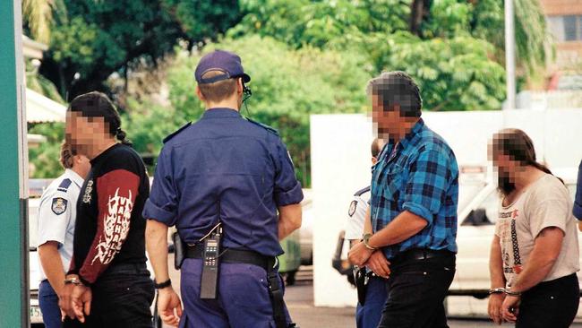 Handcuff bikies on their way to the Mackay Courthouse on the 4th September, 1997. Picture: Lee Constable