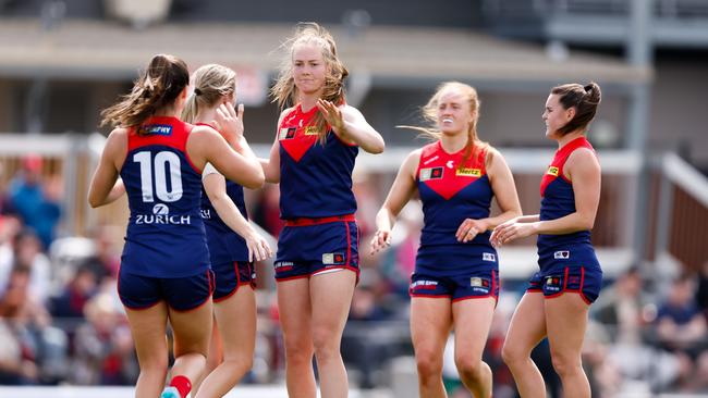 The Melbourne Demons’ AFLW win over Fremantle has all but secured them the million dollar McClelland Trophy. Picture: Dylan Burns/AFL Photos via Getty Images