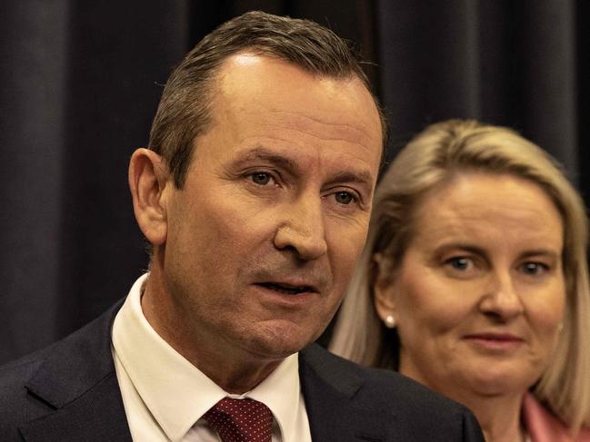 PERTH, AUSTRALIA - NewsWire Photos MAY 29, 2023: Western Australia Premier Mark McGowan announces he is quitting politics. Sarah his wife on his right side. Picture: NCA NewsWire / Colin Murty