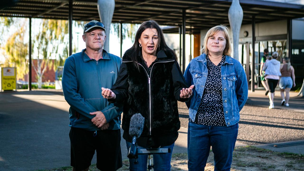 Lambie Network candidates for Braddon, Miriam Beswick and Craig Cutts, are joined by Senator and party leader Jacqui Lambie as they cast their vote at Reece High School in Devonport in the 2024 Tasmanian State Election. Picture: Patrick Gee