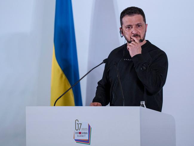 Ukraine's President Volodymyr Zelenskyy pauses during a news conference following the G7 Leaders' Summit in Hiroshima. Picture: AFP