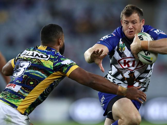 SYDNEY, AUSTRALIA - MAY 11: Josh Morris of the Bulldogs runs the ball during the round 10 NRL match between the Canterbury Bulldogs and the Parramatta Eels at ANZ Stadium on May 11, 2018 in Sydney, Australia.  (Photo by Cameron Spencer/Getty Images)