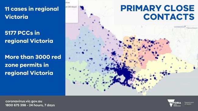 A map showing the spread of Covid-19 primary close contacts across Victoria on July 19. Picture: Department of Health