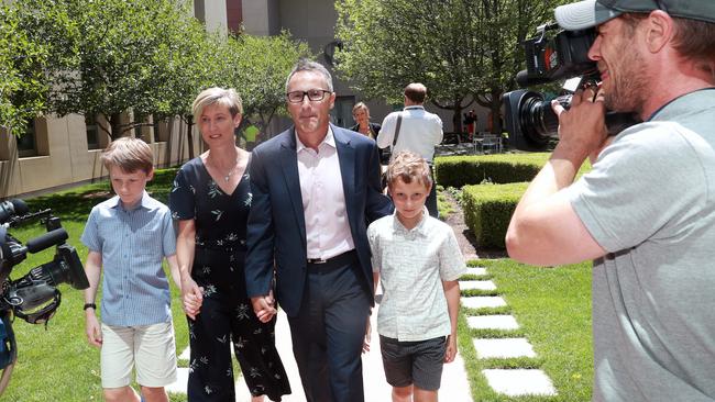 Richard Di Natale, centre, wife Lucy and sons Luca and Ben in Canberra on Monday. Picture Gary Ramage