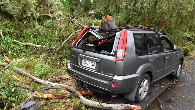 Power lines lay on the ground near a car destroyed in the wild weather in Blackwood. Picture: Keryn Stevens