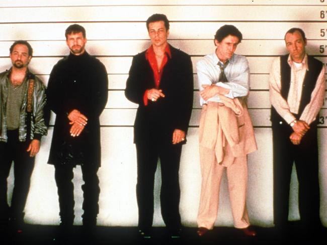 Actors Kevin Pollack, Stephen Baldwin, Benicio Del Toro, Gabriel Byrne and Kevin Spacey in 1995 film The Usual Suspects.