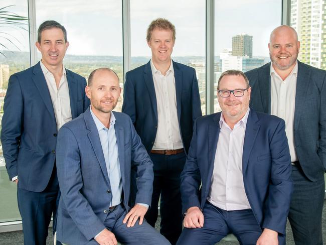 Perks CEO James Black and Aaron Read (seated) with Perks leadership Team members (L-R) Kim Bigg, Sam Wagner and Tom Paine. Picture: Supplied