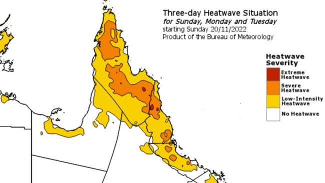 A Bureau of Meteorology map issued on Sunday showing areas impacted by the heatwave. Picture: BOM