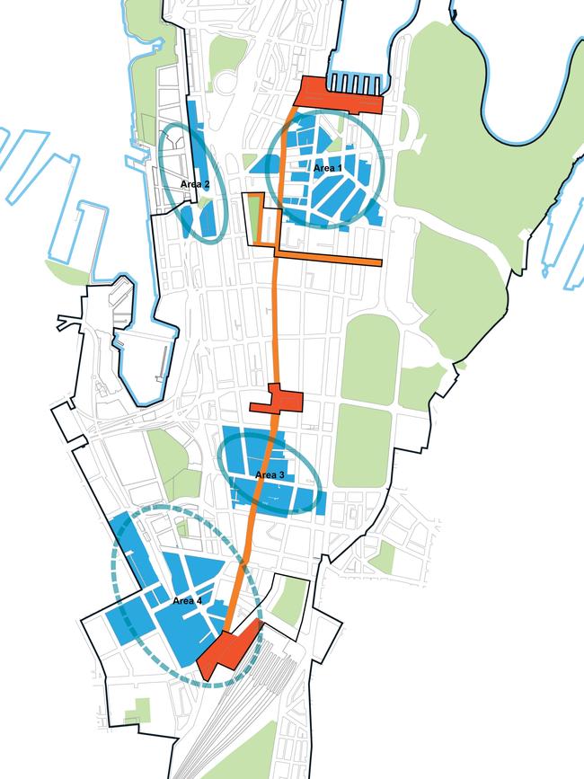 The four high growth precincts near Barangaroo, Circular Quay, Central and Town Hall.