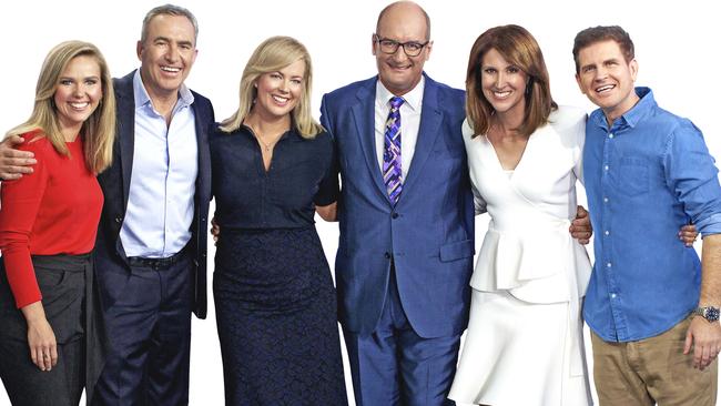 The Sunrise team before Armytage’s departure: Edwina, Bartholomew, Mark Beretta, Samantha Armytage, David Kosh, Natalie Barr and Sam Mac.