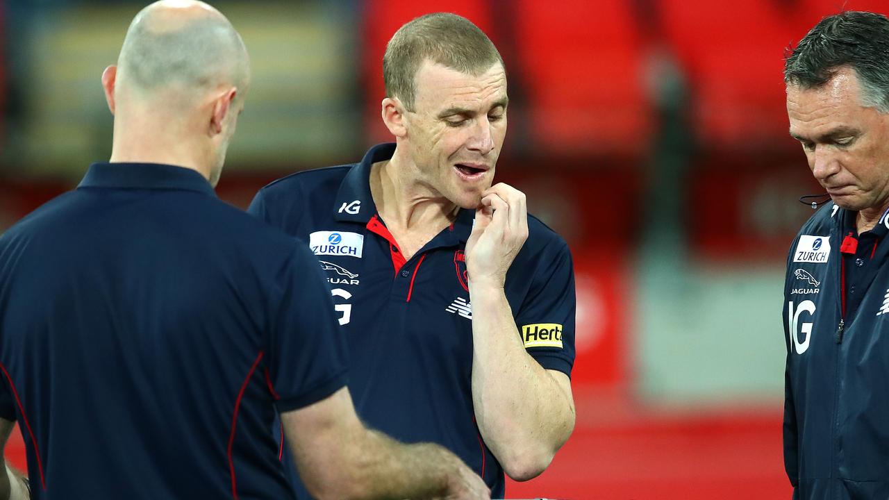 Comments from Melbourne president Glen Bartlett have added more pressure on coach Simon Goodwin. (Photo by Jono Searle/AFL Photos/via Getty Images)
