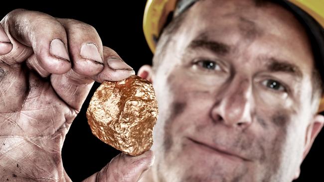 A gold miner shows a golden hugget freshly excavated from a mine.