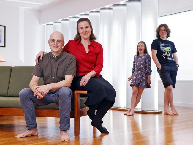 Matthew Kosnik with wife Katherine Wilson and kids Silvia and Sean. The water pipes help keep the temperature stable. Picture: Sam Ruttyn