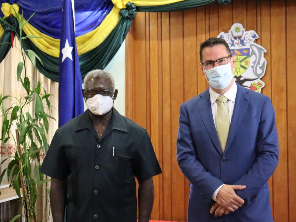 Solomon Islands Prime Minster Manasseh Sogavare and Minister for International Development and the Pacific Zed Seselja in the Solomon Islands capital Honiara.