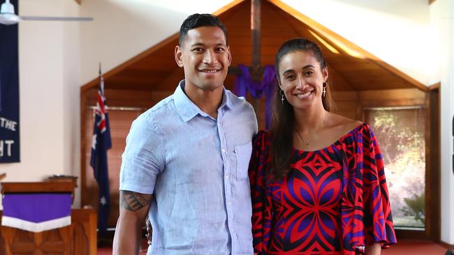 Israel Folau with his wife Maria Folau at Kenthurst Uniting Church after a Sunday service.