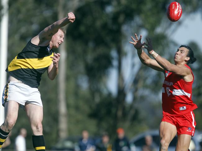 VAFA Division 3 grand final: Northern Blues V Richmond Central at Garvey Oval Bundoora. Reed Jepson from Northern Blues and Luke Carland from Richmond Central Picture: Richard Serong