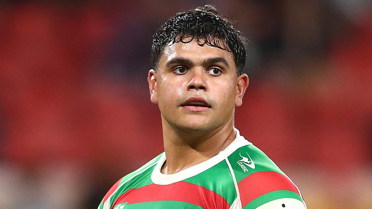 BRISBANE, AUSTRALIA - AUGUST 20: Latrell Mitchell of the Rabbitohs looks on during the round 23 NRL match between the Penrith Panthers and the South Sydney Rabbitohs at Suncorp Stadium, on August 20, 2021, in Brisbane, Australia. (Photo by Chris Hyde/Getty Images)