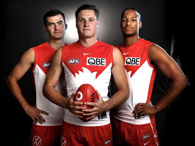 Portrait of Sydney Swans key forwards Logan McDonald, Hayden McLean and Joel Amartey ahead of the 2024 AFL Season. Photo by Phil Hillyard(Image Supplied for Editorial Use only - **NO ON SALES** - ÃÂ©Phil Hillyard )