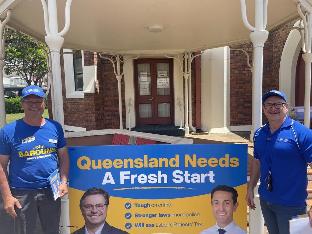 QLDVOTES24: LNP Candidate for Maryborough John Barounis and Federal Member for Wide Bay Llew O'Brien at St Paul's Anglican Church.