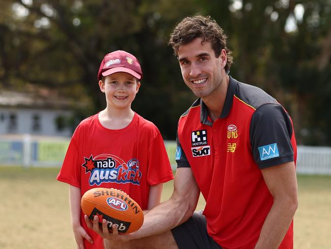 BRISBANE, AUSTRALIA - AUGUST 24: Ben King of the Gold Coast Suns during a Auskickers Registered Participation Record Media Opportunity at Sherwood Local Auskick Centre on August 24, 2023 in Brisbane, Australia. (Photo by Chris Hyde/AFL Photos/Getty Images)