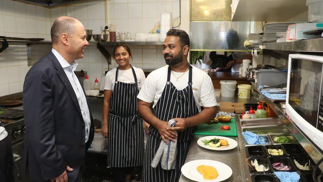 Josh Frydenberg visits the Barton cafe in Hawthorn to talk about businesses after JobKeeper. Picture: NCA NewsWire/ David Crosling