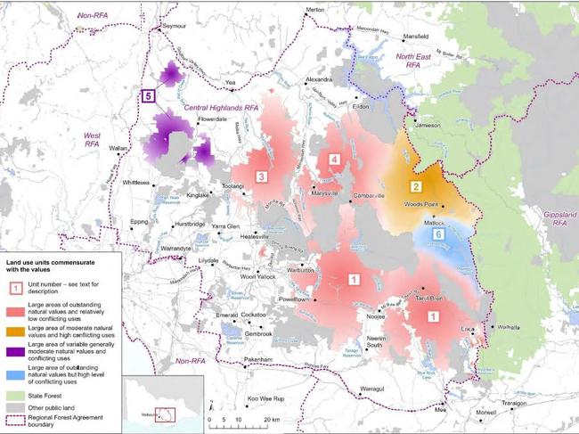 VEAC's suggested land use groupings for Central Highlands state forests. The red areas, and possibly the blue, were thought appropriate for national park status. Picture: VEAC