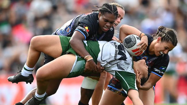 Destiny Brill of the Maori All Stars is tackled by Sareka Mooka of the Indigenous All Stars during the 2023 NRLW All Stars match. (Photo by Hannah Peters/Getty Images)