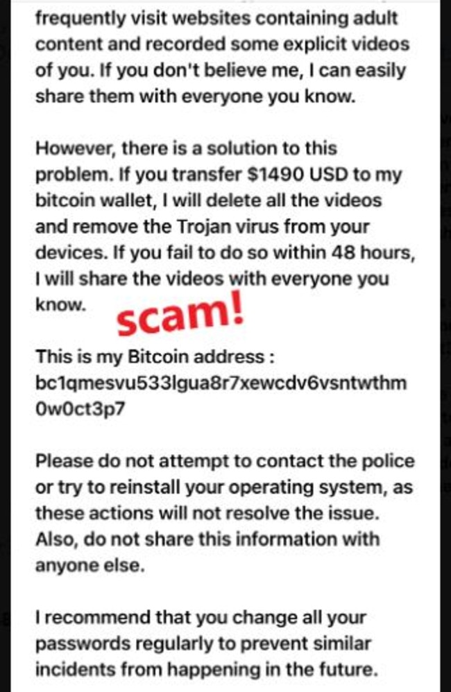 The scammer claimed it had explicit videos to distribute. Picture: Scamwatch