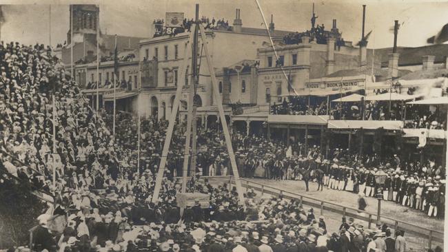 Huge crowds watched Prince Alfred lay the foundation stone of the Melbourne Town Hall in 1867. Picture: State Library Victoria.