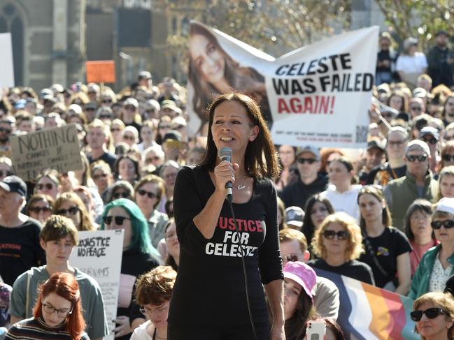 Aggie Di Mauro, mother of Celeste Manno who was murdered by a co-worker in 2020, addresses thousands who have gathered at Federation Square for the national rally against gender based violence. Picture: Andrew Henshaw