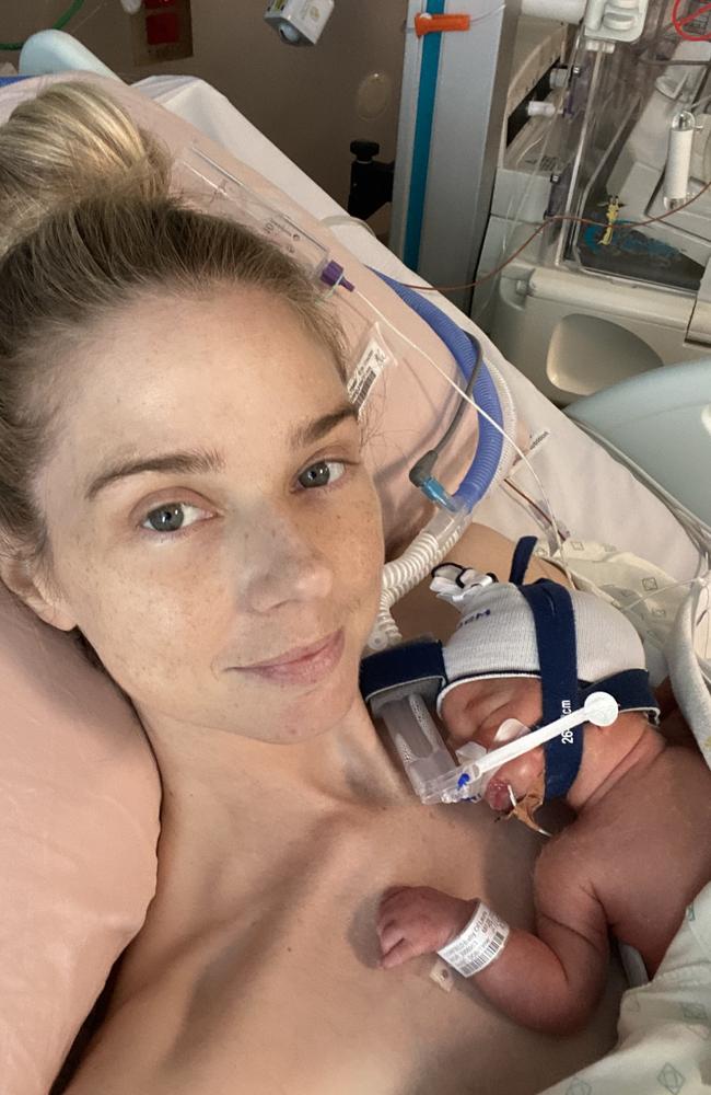 Laura Corfield with baby Porter in hospital. Picture – supplied.