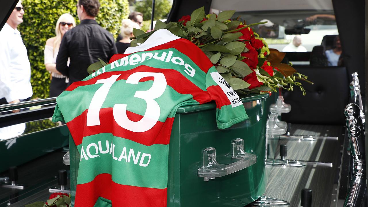 The number 13 jersey is draped over the casket during the funeral for Souths legend John Sattler on the Gold Coast. Picture: NCA NewsWire/Tertius Pickard