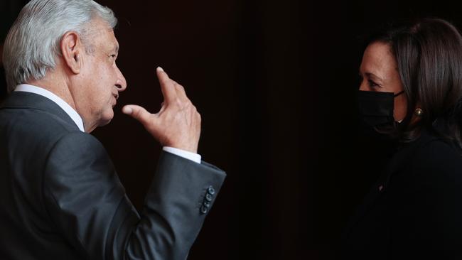 Ms Harris speaking with Mexican President Andres Manuel Lopez Obrador today. Picture: Hector Vivas/Getty Images