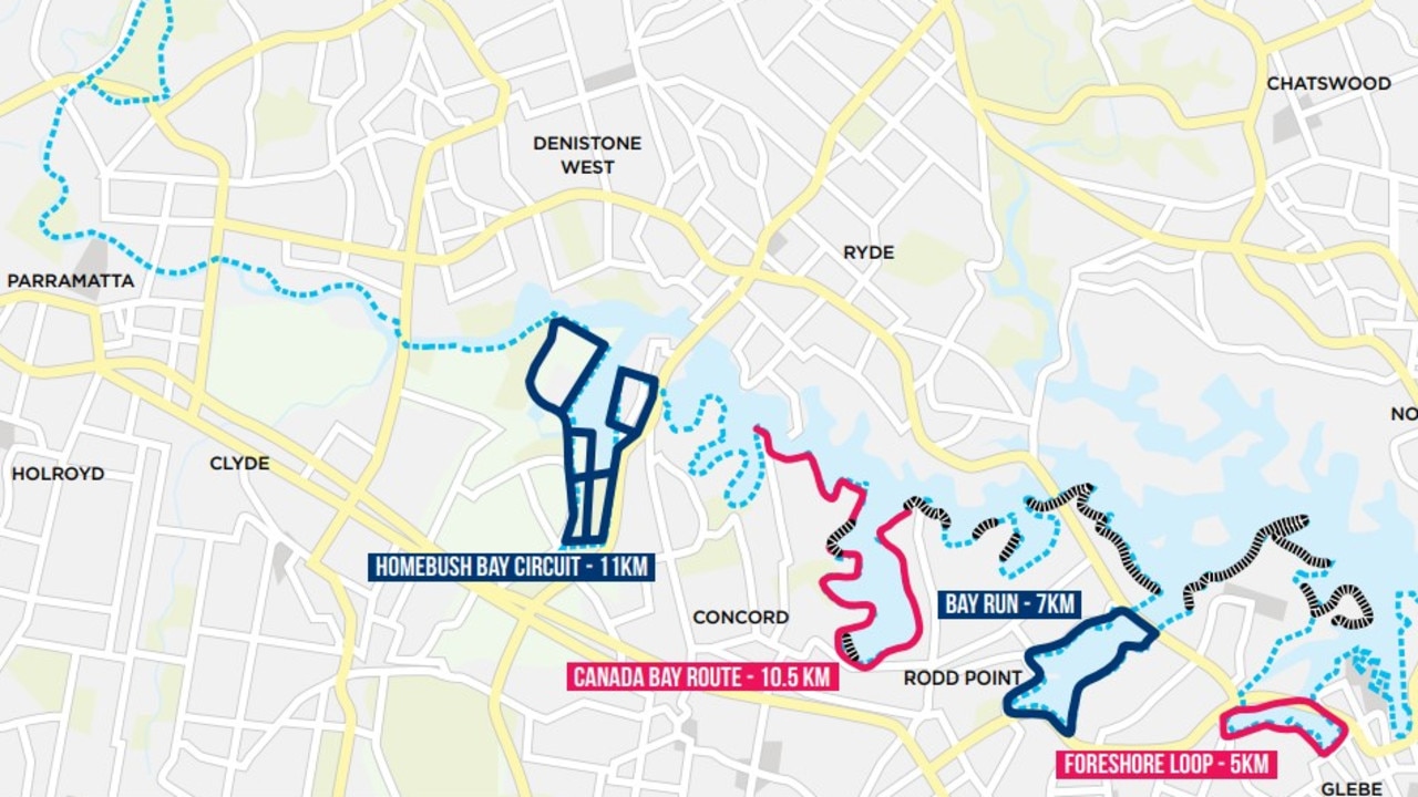 The McKell Institute's proposed pathway in 2020. The blue dotted lines show the West Concord to Wooloomooloo foreshore and the black dotted lines show the restricted foreshore. Source: The McKell Institute