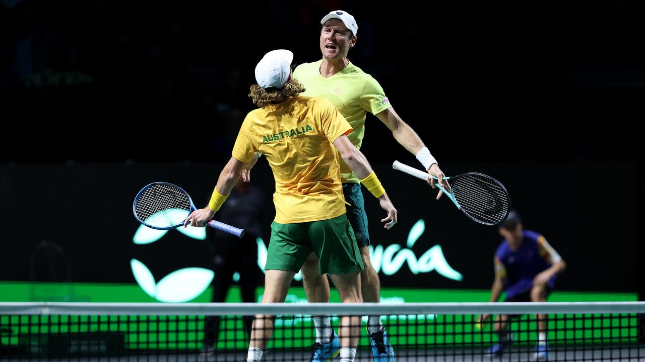 Newcombe Medal nominees Matthew Ebden and Max Purcell celebrate winning a crucial Davis Cup rubber during the Finals in Spain in November. (Photo by Clive Brunskill/Getty Images for ITF)