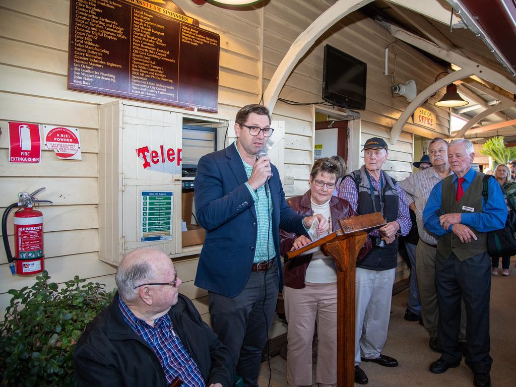 TRC Mayor Geoff McDonald speaks at the official launch of "Pride of Toowoomba" steam train from Drayton to Wyreema. Saturday May 18th, 2024 Picture: Bev Lacey