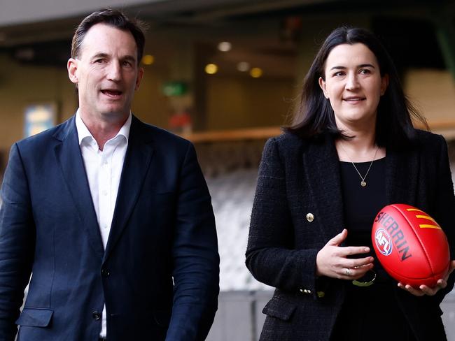 MELBOURNE, AUSTRALIA - AUGUST 28: Incoming AFL Chief Executive Andrew Dillon and newly appointed AFL Executive General Manager Football Laura Kane are seen during an AFL Media Opportunity at Marvel Stadium on August 28, 2023 in Melbourne, Australia. (Photo by Michael Willson/AFL Photos via Getty Images)