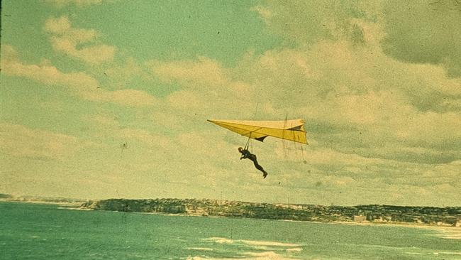 John Walmsley flying his first hang glider in 1977.